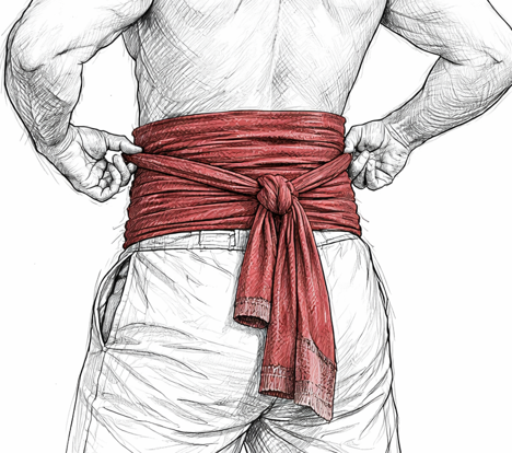 Colocación de faja de TELA profesional para costalero para proteger la zona lumbar durante la procesión.